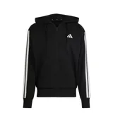 Campera deportiva Adidas con cierre frontal completo, capucha con cordón ajustable y bolsillos frontales. Presenta el logo de la marca en el pecho y las icónicas tres tiras blancas en las mangas.