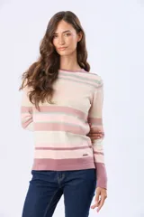 Buzo de tejido fino de algodón con diseño de rayas horizontales en tonos celestes, azules y beige. Presenta cuello redondo, mangas largas y puños en color azul marino.