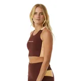 Top deportivo Rip Curl color marrón con laterales color crema y logo de la marca en el frente.
