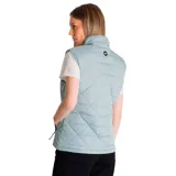 Chaleco acolchado celeste con cierre frontal y bolsillos laterales con cierre. Diseño con patrón de rombos.