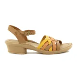 Sandalias de tacón medio Country con tiras cruzadas multicolores en tonos ámbar, amarillo y marrón, con tira al tobillo ajustable mediante hebilla.