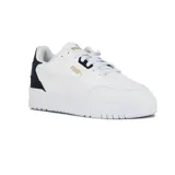 Championes Puma modelo Shuffle Downtown, de diseño urbano en color blanco con detalles en azul marino en el talón y logo de la marca en dorado.