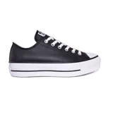 Zapatillas Converse Chuck Taylor All Star de cuero negro con plataforma blanca y cordones blancos.