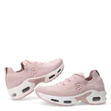 Championes deportivos de mujer con capellada de tejido knit en color rosado, diseño tipo slip-on con cordones decorativos y suela chunky con cámara de aire visible.