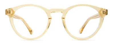 Armazón de receta Auga, de forma circular con puente detallado. Fabricado con acetato color arena y núcleo de metal plateado en las patillas.