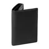 Billetera de cuero plegable color negro, con compartimento de malla, ranuras para tarjetas y logotipo de la marca grabado en la esquina inferior.