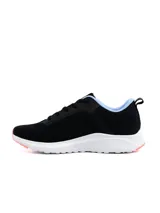 Championes deportivos de running Umbro modelo Volten para mujer, de color negro con suela blanca y base rosada, detalles en celeste y cordones negros.