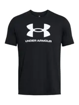 Remera Under Armour negra de corte clásico, con logo grande estampado en el pecho y confeccionada en tejido ligero de secado rápido.