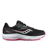 Championes Saucony Cohesion 16 para dama, color negro con detalles en fucsia y logo plateado.