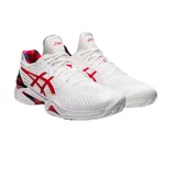 Championes de tenis Asics Court FF Novak Clay L.E. blancos con detalles en rojo y azul.
