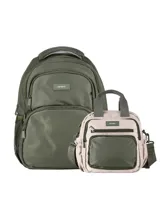 Kit de mochila y lunchera marca Terrano. La mochila es de color verde militar, con un compartimento principal amplio, un bolsillo frontal grande y bolsillos laterales de red. Las correas son ajustables y acolchadas. La lunchera es de color beige con detalles en verde militar, cuenta con interior térmico, bolsillo frontal con cierre, correa regulable y manija superior.