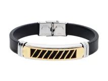 Pulsera de goma negra con apliques de acero plateado y dorado.