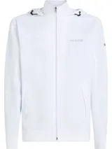Campera blanca de Tommy Hilfiger con capucha, cierre frontal con cremallera, dos bolsillos laterales y logo de la marca bordado en la manga.