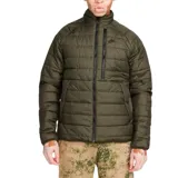 Campera puffer negra con cuello alto, cierre frontal completo y logo de Nike bordado en blanco en el pecho.