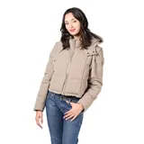 Campera multifunción modular de nylon matelaseado color taupe. Diseño versátil con sistema de cierres que permite transformarla en cuatro versiones: campera larga, campera corta, chaleco largo y chaleco corto. Cuenta con capucha desmontable, cierre frontal completo y bolsillos laterales.
