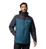 Campera 3 en 1 Columbia con sistema Interchange, compuesta por una capa exterior impermeable y transpirable con tecnología Omni-Tech y una capa interior aislante con forro termorreflectante Omni-Heat. Presenta diseño bicolor en azul y gris oscuro, capucha ajustable, ventilación en axilas, faldón para nieve y múltiples bolsillos con cierre.
