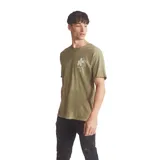 Remera verde oliva de manga corta con cuello redondo y estampado pequeño en el pecho.