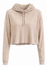 Sweater corto de punto acanalado con capucha ajustable mediante cordones, mangas largas con puños elásticos y corte holgado.