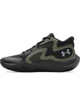 Championes de básquetbol Under Armour Jet 25, con diseño de corte medio en combinación de colores negro y verde oliva. Presentan una parte superior de materiales mixtos para mayor durabilidad y transpirabilidad, cuello acolchado para sujeción y entresuela Micro G® para una amortiguación reactiva.
