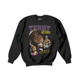 Buzo negro de cuello redondo con estampa gráfica frontal estilo vintage que presenta al actor Terry Crews en diferentes roles, junto con la frase 'And I Miss you And I Need you'.