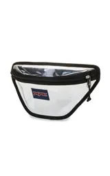 Riñonera transparente con detalles en color lila pastel y logo de JanSport en el frente.