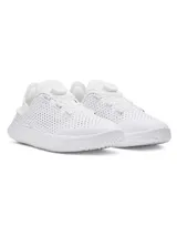 Championes de entrenamiento Under Armour modelo Slipspeed, color blanco. Presentan un diseño versátil con talón convertible para modo entrenamiento o recuperación, sistema de ajuste BOA y tecnología de amortiguación UA Flow. La parte superior es transpirable con perforaciones para ventilación.