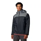 Campera impermeable Columbia modelo Glennaker Lake Jkt Omni-Shield, en color negro y gris, con capucha ajustable que se guarda en el cuello, cierre frontal y bolsillos con cierre.