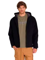 Chaqueta negra con cierre frontal, capucha forrada en sherpa gris y diseño de corte recto. Cuenta con bolsillos laterales y un bolsillo vertical en el pecho.
