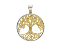 Dije redondo de plata 925 con baño de oro, diseño calado de árbol de la vida con incrustaciones de circonitas.