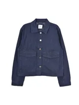 Campera Mioshas de pana color azul marino, con cuello camisero, cierre frontal de botones metálicos y dos bolsillos frontales con solapa.