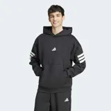 Canguro Adidas con capucha, color negro, con diseño de tres tiras blancas en ángulo en las mangas y logo de la marca en el centro del pecho. Cuenta con bolsillo frontal tipo canguro y puños acanalados.