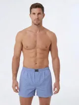 Bóxer de algodón liviano con estampado de microcuadros en tonos azules y cintura elástica con etiqueta de la marca.