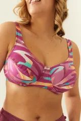 Soutien de baño con aro, breteles anchos regulables y nudo en la espalda. Confeccionado con tela que contiene fibra LYCRA® XTRA LIFE™ y estampado abstracto en tonos fucsia, naranja, celeste y blanco.