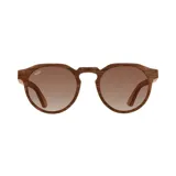 Lentes de sol redondos con montura de madera color marrón y lentes degradados color marrón.
