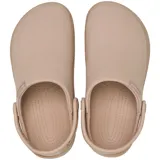 Zuecos Crocs modelo Classic Crafted Clog, de color beige, con parte superior de lona textil y suela de goma Croslite. Incluye correa de talón pivotante y detalles de la marca en el lateral.