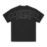 Camiseta negra de algodón pesado con logo Alcatraz estampado en el pecho y logo Royale en la espalda.