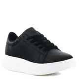 Championes urbanos con cordones, diseño de cuero sintético negro y suela de plataforma blanca.