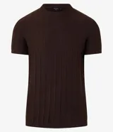 Remera slim de manga corta con cuello redondo, confeccionada en tejido de viscosa con textura de rayas verticales.