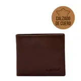 Billetera de cuero vacuno color marrón, de diseño clásico y compacto con logo de la marca grabado en el frente.