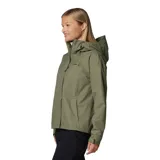 Campera impermeable Columbia modelo Hikebound II, color verde oliva. Cuenta con capucha ajustable, cierre frontal con solapa, bolsillos laterales y un bolsillo en el pecho con cierre impermeable. Diseño técnico transpirable con costuras selladas.