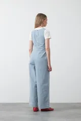 Enterito largo de diseño limpio y silueta amplia, color azul claro con rayas verticales blancas. Presenta escote en V, sisas amplias, cierre invisible en la espalda y pierna ancha.