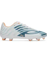 Championes de fútbol Under Armour Shadow Select 4 FG, diseñados para césped natural. Presentan una parte superior sintética blanca con detalles gráficos en azul petróleo y toques en color durazno. Cuentan con tacos cónicos para una tracción óptima y una suela ágil para cambios de dirección rápidos.