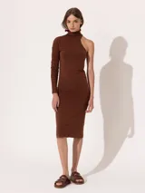 Vestido marrón de corte midi, con cuello alto, una manga larga fruncida y un hombro descubierto.