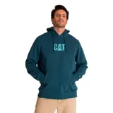 Buzo canguro con capucha color azul petróleo, con cordones ajustables y logo de CAT estampado en el pecho.