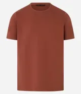 Remera de hombre color beige claro, de corte slim, con cuello redondo y mangas cortas. Tejido acanalado sin estampa.