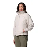 Chaleco acolchado Columbia Heavenly II, color gris claro, con cierre frontal de dos vías, cuello alto forrado en felpa y bolsillos laterales con cierre. Presenta tecnología Omni-Heat™ para retención de calor y Omni-Shield™ para repeler humedad.