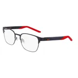 Armazón de anteojos Nike con diseño rectangular, frente de metal en color azul oscuro y patillas con detalles en color rojo.