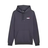 Buzo con capucha y bolsillo tipo canguro, color gris oscuro, con logo de la marca Puma estampado en el pecho en color blanco y rojo. Presenta puños y ruedo acanalados.