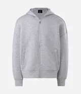 Campera boxy de malla scuba color gris melange, con capucha, cierre frontal completo y bolsillos laterales ocultos.