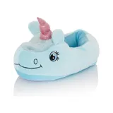 Pantuflas de peluche con diseño de unicornio en color celeste, con cuerno brillante y detalles bordados en el rostro.